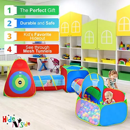 5pc Kids Ball Pit Tents and Tunnels, Toddler Jungle Gym Play Tent with Play Crawl Tunnel Toy, for Boys babies infants Children, Pit Balls NOT Included, Indoor Outdoor Gift, Target Game w/ 4 Dart Balls