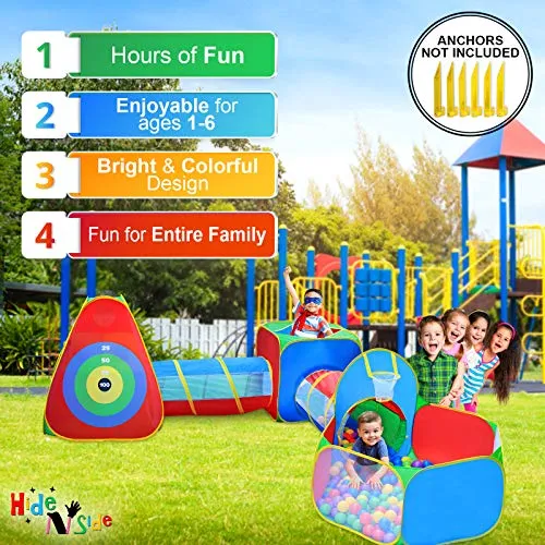5pc Kids Ball Pit Tents and Tunnels, Toddler Jungle Gym Play Tent with Play Crawl Tunnel Toy, for Boys babies infants Children, Pit Balls NOT Included, Indoor Outdoor Gift, Target Game w/ 4 Dart Balls