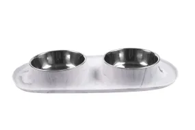 Double Silicone Dog Feeder with Stainless Bowls, Large, 3 Cups Per Bowl, Marble Design