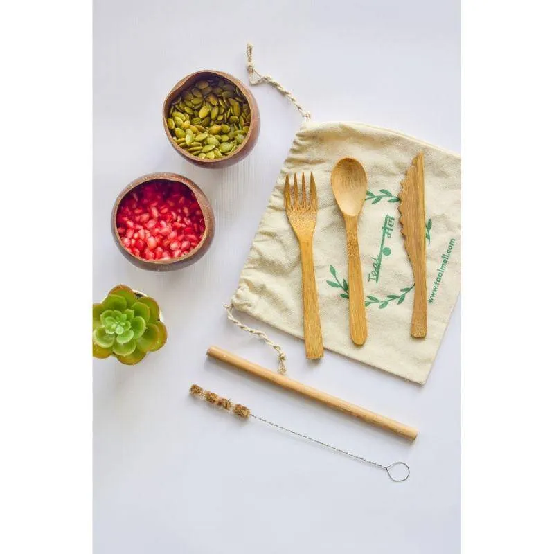 Eco Cutlery - 2 coconut bowls, 1 pack of bamboo cutlery, 1 Straw &  a Straw Cleaner Free Cotton Bag