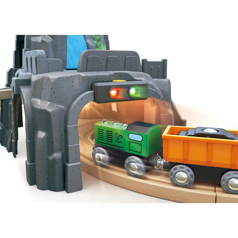 Hape Light & Sound Mountain Tunnel Set - Interactive Train Track with Rock Formation