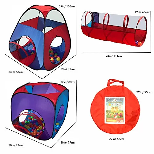 Playz 4pc Pop Up Children Play Tent w/ 2 Crawl Tunnel & 2 Tents - Kids Tents for Boys, Girls, Babies & Toddlers for Indoor & Outdoor - Large Children Playhouse Ball Pit w/ Storage Case