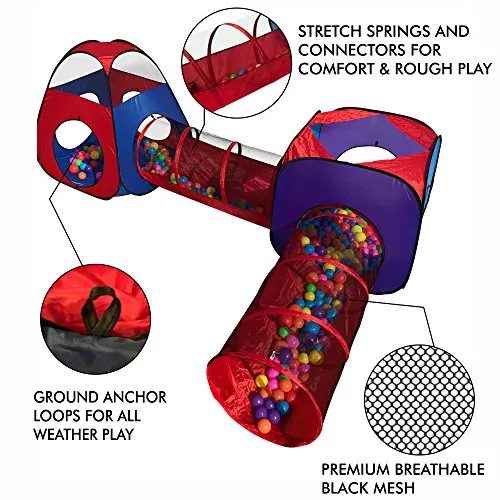 Playz 4pc Pop Up Children Play Tent w/ 2 Crawl Tunnel & 2 Tents - Kids Tents for Boys, Girls, Babies & Toddlers for Indoor & Outdoor - Large Children Playhouse Ball Pit w/ Storage Case