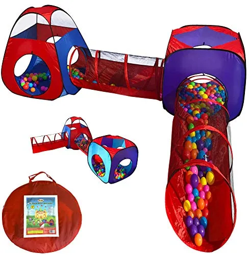 Playz 4pc Pop Up Children Play Tent w/ 2 Crawl Tunnel & 2 Tents - Kids Tents for Boys, Girls, Babies & Toddlers for Indoor & Outdoor - Large Children Playhouse Ball Pit w/ Storage Case
